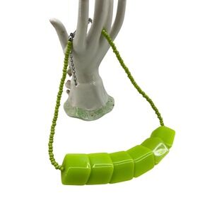 Lime Green Chunky Geometric Resin Cube Statement Necklace Seed Beads Adjustable